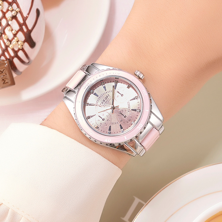 LONGBO Marke Heißer Verkauf Drei-Augen Uhr Keramik Stahl Band Wasserdicht Leuchtende frauen Quarz Armbanduhr_voghion.com