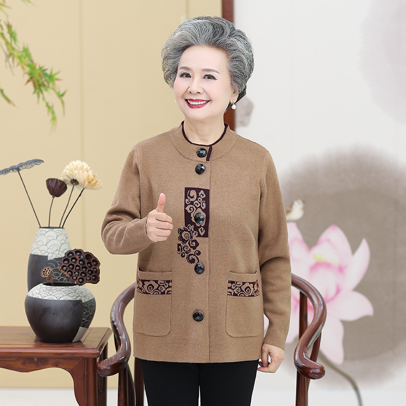 Grandma Autumn Knitted Sweater Cardigan Tang Suit Loose Top Clothes Coat Long Sleeve Fleece-lined Thickened Sweater for the Elderly Mother