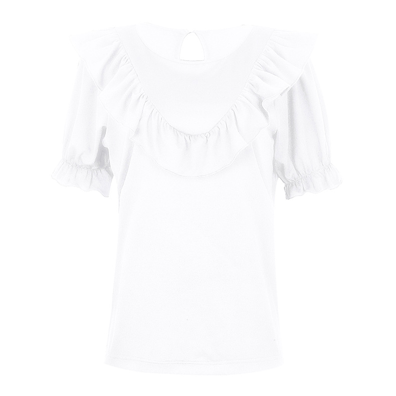 puff sleeve ruffled solid round neck shirt NSKX5982