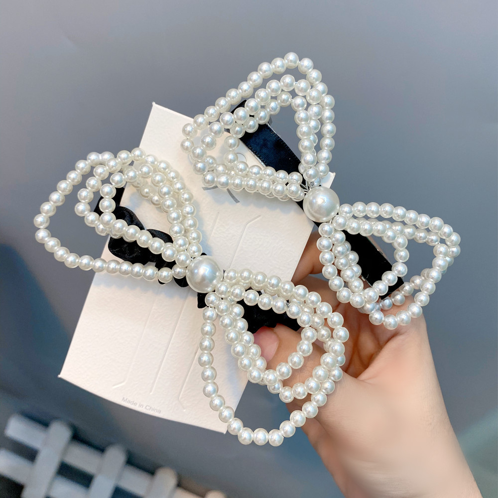 Pearl Three-layer Bowknot Hair Scrunchies Retro Hairpin display picture 4