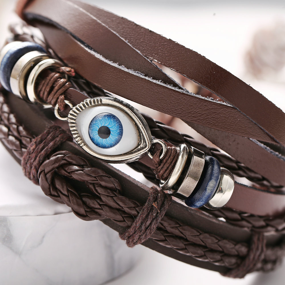 Conjunto De Brazalete De Cuero Trenzado Con Ojo Brazalete Creativo De Estilo Negro Para Hombres display picture 6