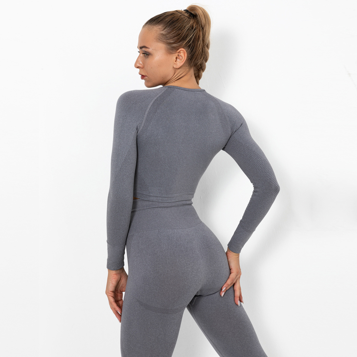 Seamless Knitted Sexy Solid Color Long-Sleeved Yoga Clothes NSNS12220