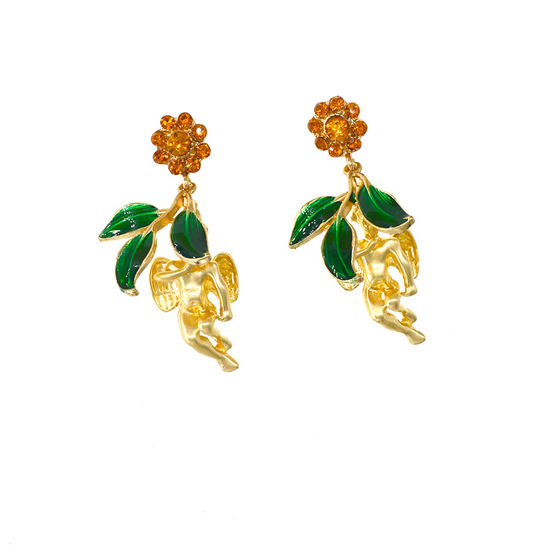 Simple Style Style Cupid Leaf Fun Retro Baroque Little Angel Retro Vintage Earrings Wholesale