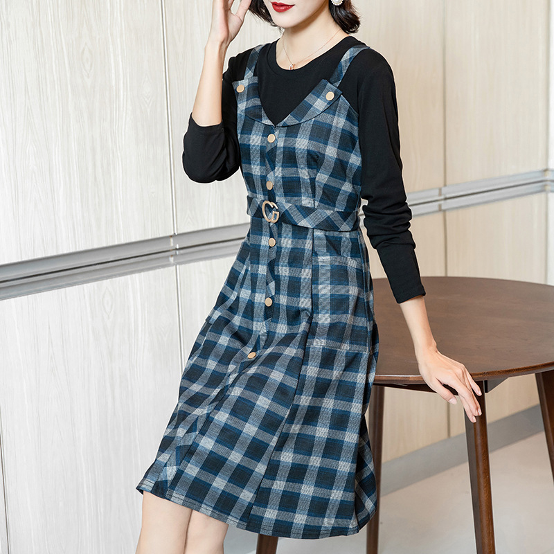 가공 맞춤형 대형 여성 공장 격자 무늬 원피스 가짜 2 지방 MM 허리 슬리밍 약간 뚱뚱한 패션 착용