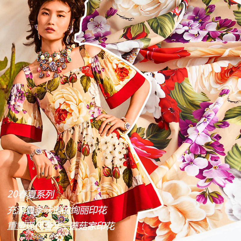 蘑菇家欧美高定印花 西西里夏季绚丽大牡丹花数码喷绘纯棉面布料