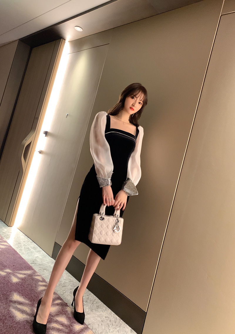 Váy nhung nữ cổ vuông ôm body xẻ tà phong cách Hepburn — Màu đen chi tiết 14
