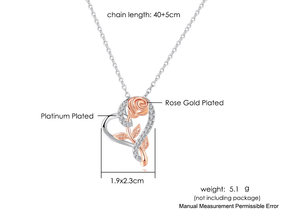 Fashion Heart Shape Rose Copper Inlay Zircon Pendant Necklace 1 Piece