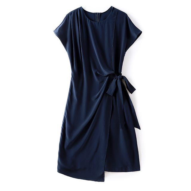 Women’s round neck short sleeve waistband tie Solid Color mulberry silk show thin dress women