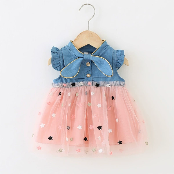 Pink nets star denim stitching skirt