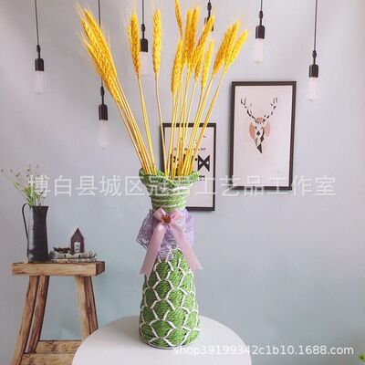 厂家供应桌面花瓶梅花口细腰高筒插花器手工编织铁艺花瓶|ru