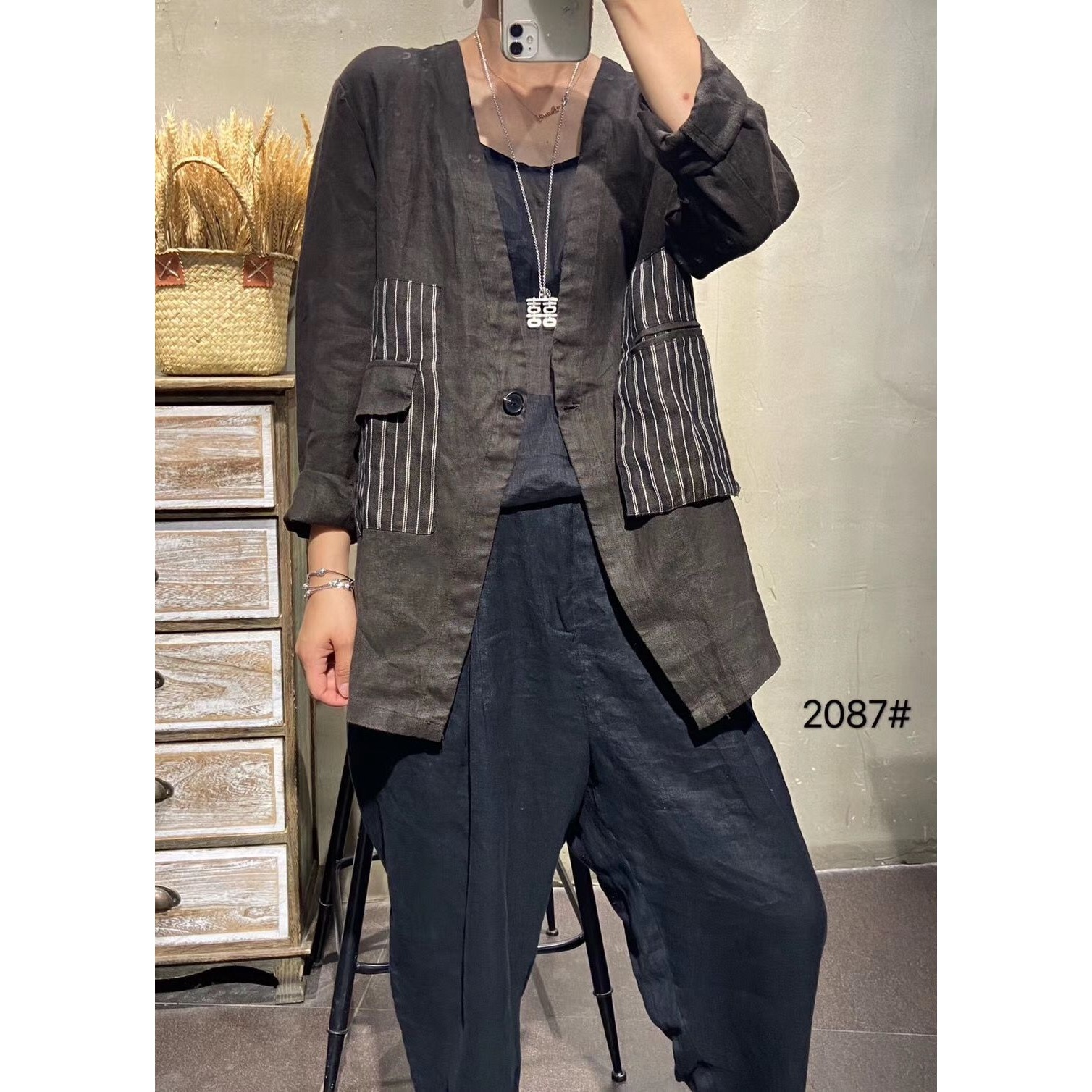 2020秋季新款中长款亚麻开衫外套条纹西装女百搭休闲款潮8402|ru