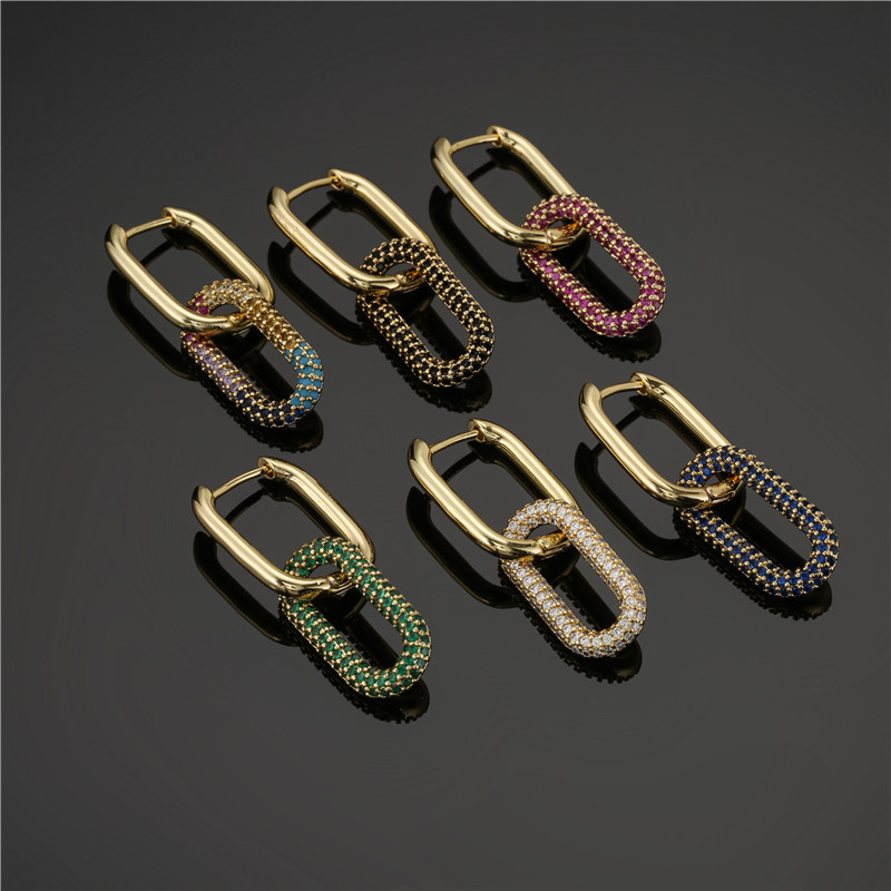 5g Weight Zircon Inlay Material Earrings Classification Wedding, Travel, Birthday, Festival Occasion Copper Material Geometric Pattern Women'S Gender Fashion Style Fashion Double Ring Buckle Pure Copper Micro-inlaid Color Zircon Earrings 无