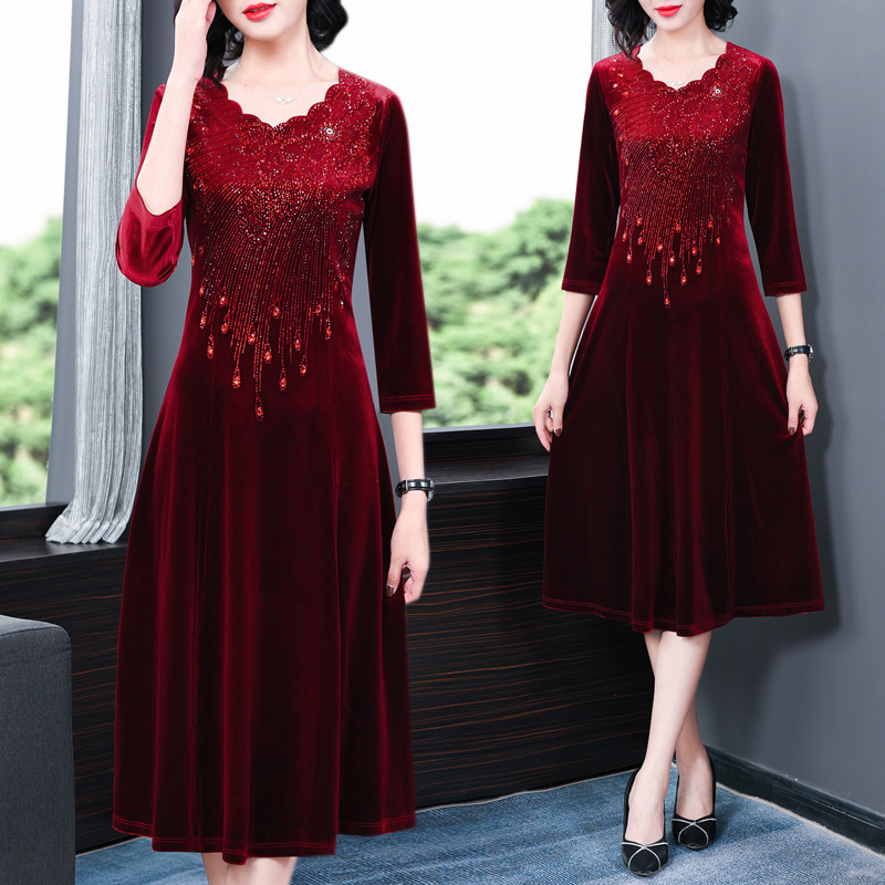 1657红色烫钻时尚金丝绒连衣裙婚礼宴会妈妈装礼服走秀演出主持人