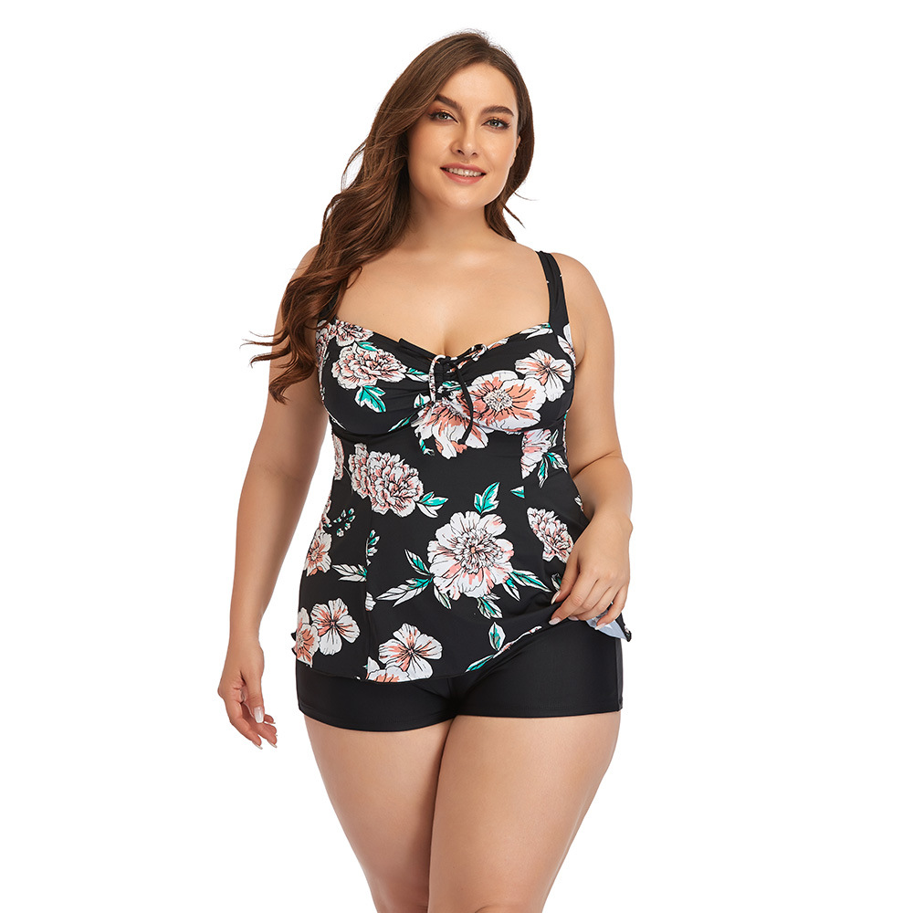 plus size floral printed back lace up split swimwear NSYDS122094