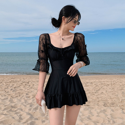 温泉长袖连体泳衣女2020蝴蝶纯色小清新保守遮肚显瘦露背绑带泳装|ru