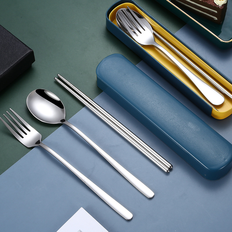不锈钢便携餐具三件套 韩式筷子叉子勺子3件套创意户外旅行餐具盒