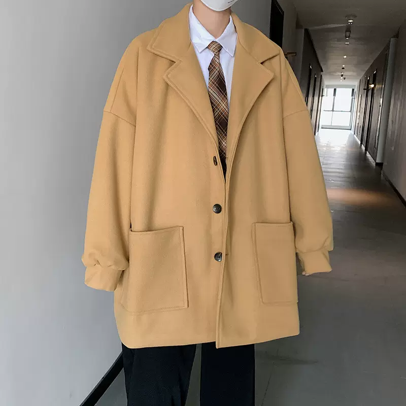 秋冬新款ins纯色中长款风衣男韩版潮流情侣宽松百搭毛呢大衣外套