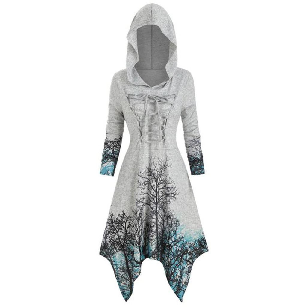 Tree Pattern Printed Hooded Dress