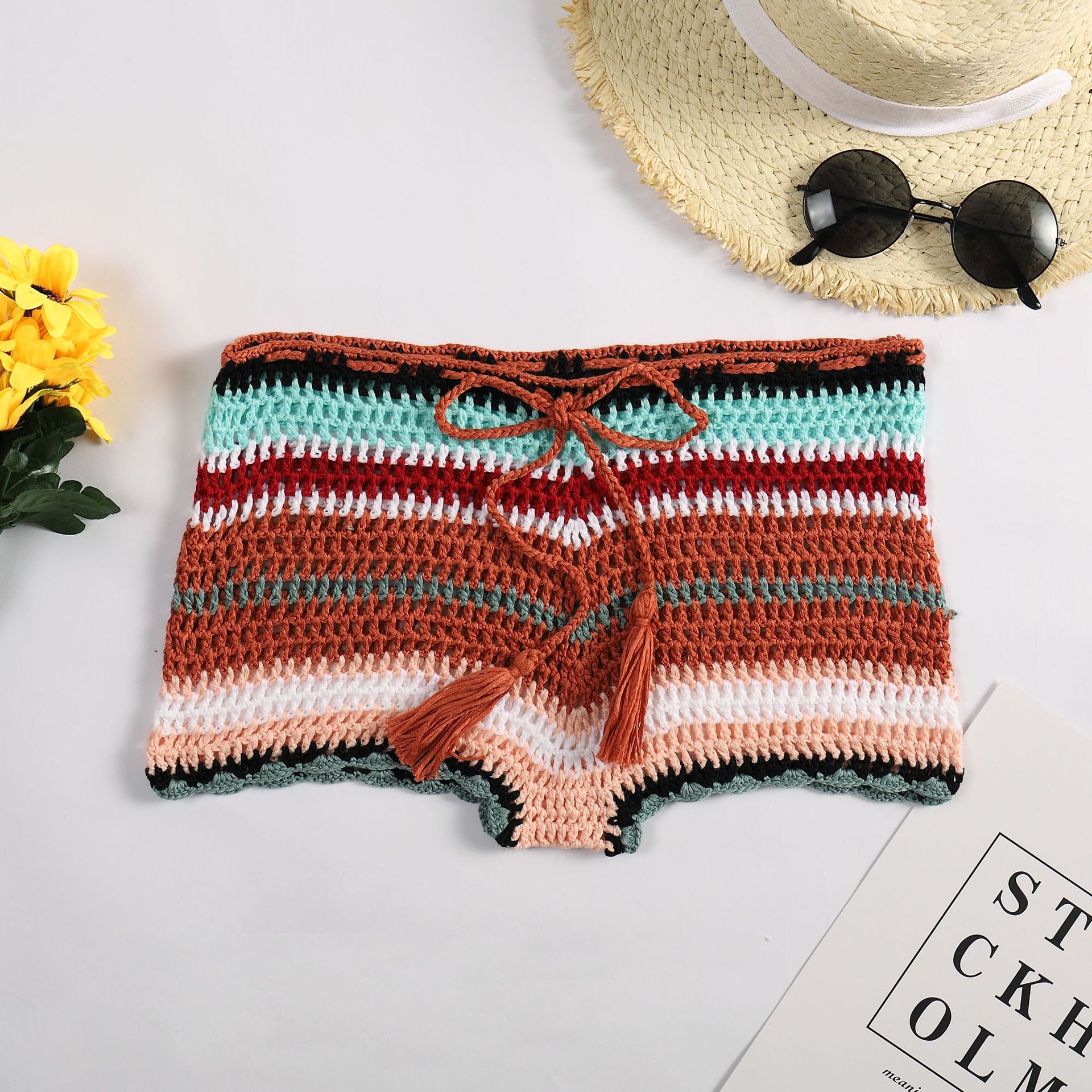 Sexy Colorful Striped Crochet Hollow Knit Beach Shorts display picture 4