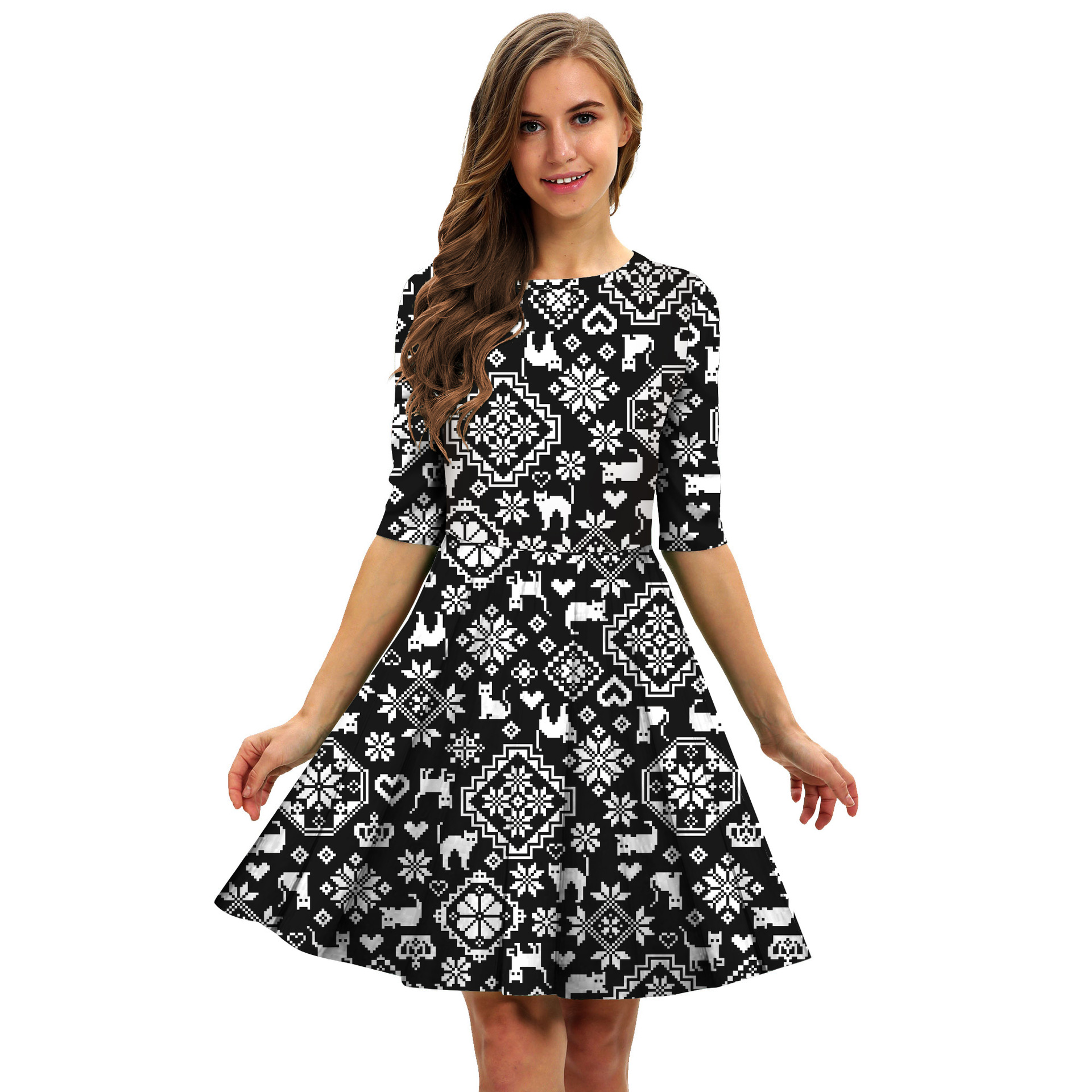 Women s Letter Digital Print Mid-Sleeve Round Neck Dress nihaostyles wholesale Christmas costumes NSMID78954