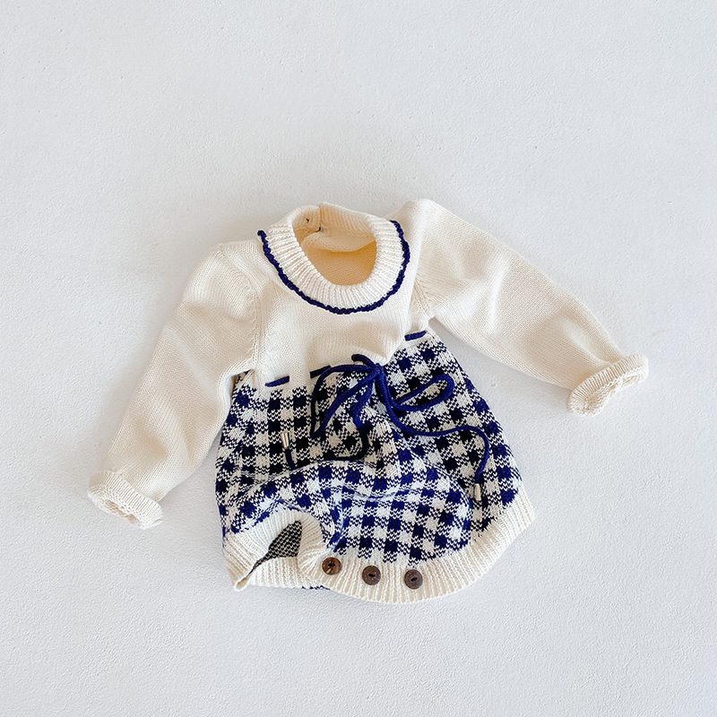 Instagram Primavera e Autunno Abbigliamento Bambina Neonata Tuta in Maglia a Quadri Borsa Farewell Sweetheart Triangolo_voghion.com