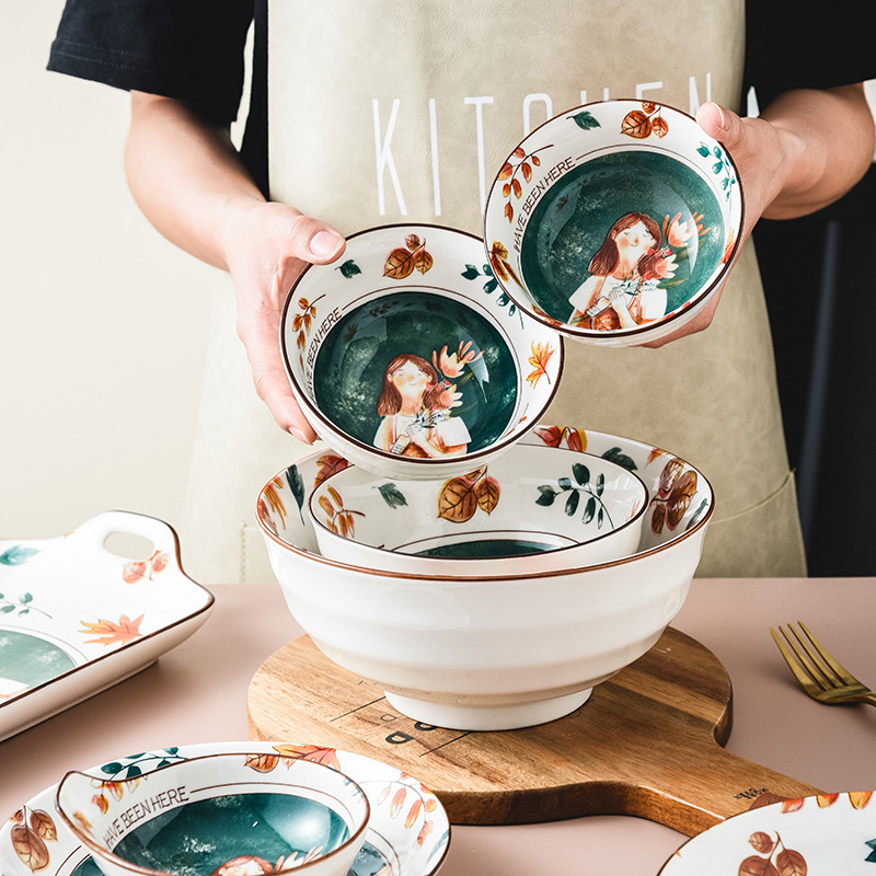 Couple Cartoonist Cutlery Set Fairy Tale Forest Ceramic Plate Rice Bowl Bubble Noodle Bowl Ins Japanese Tableware