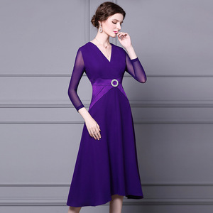 V-neck mid length purple long sleeve skirt