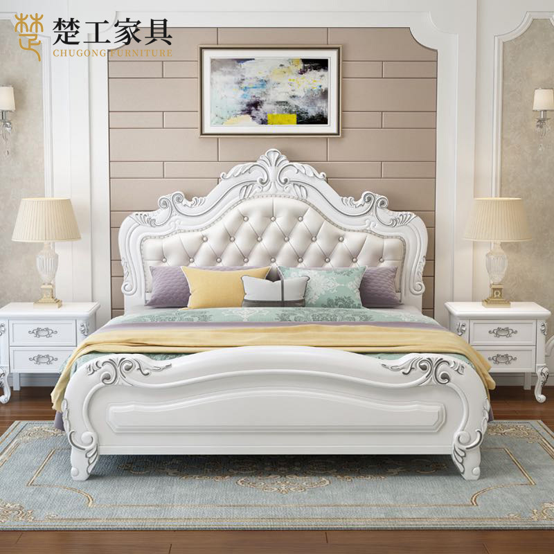 Factory direct modern minimalist European high box solid wood bed 1.8M double solid wood bed master bedroom white soft wedding bed