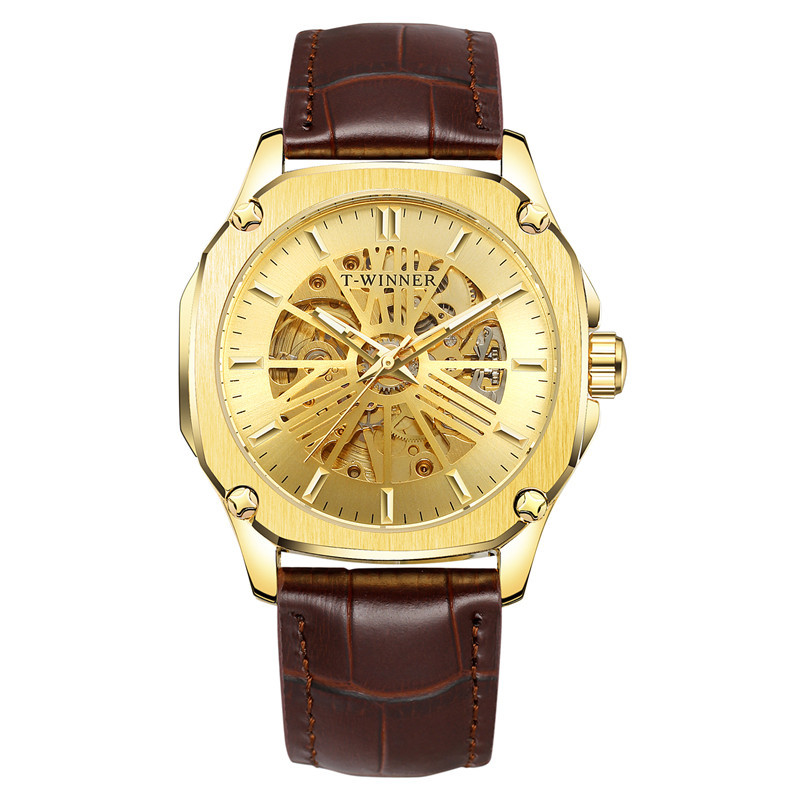 Ganador reloj mecánico automático para hombres moda hueco transparente volante correa de cuero reloj mecánico 8182