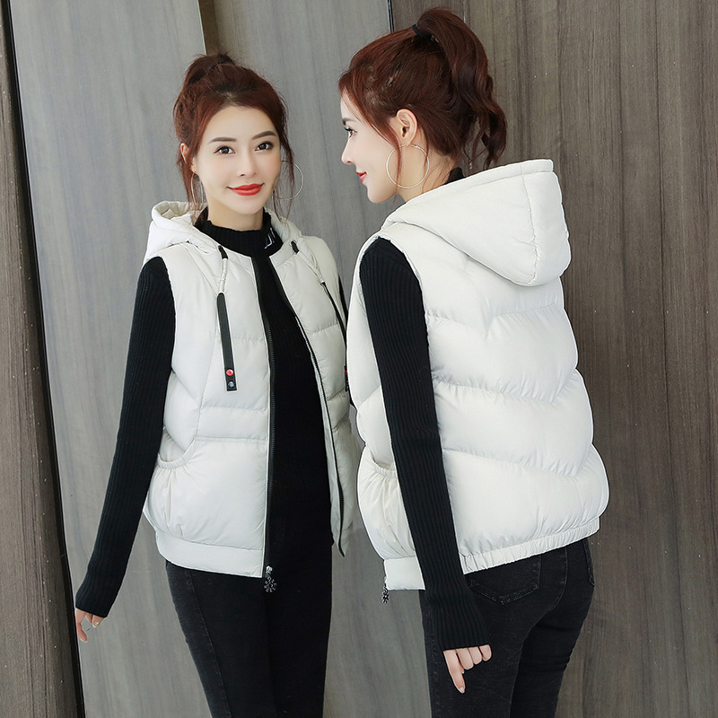Autumn and Winter Women's Short Vest Korean Style Warm Down Cotton Waistcoat Outer Wear Vest Hooded Cotton-padded Jacket for Women