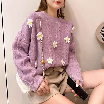 2020 Autumn Lazy wind sweater Socket Easy Like a breath of fresh air Net Red Flower jacket Long sleeve knitting new pattern