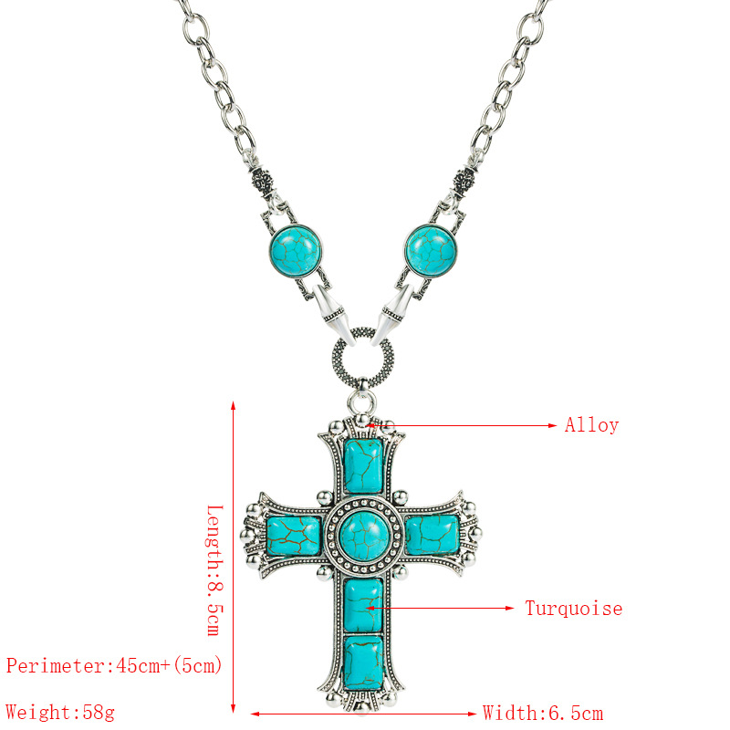 Retro Exaggerated Cross Shape Multi-layer Alloy Inlaid Turquoise Necklace display picture 1