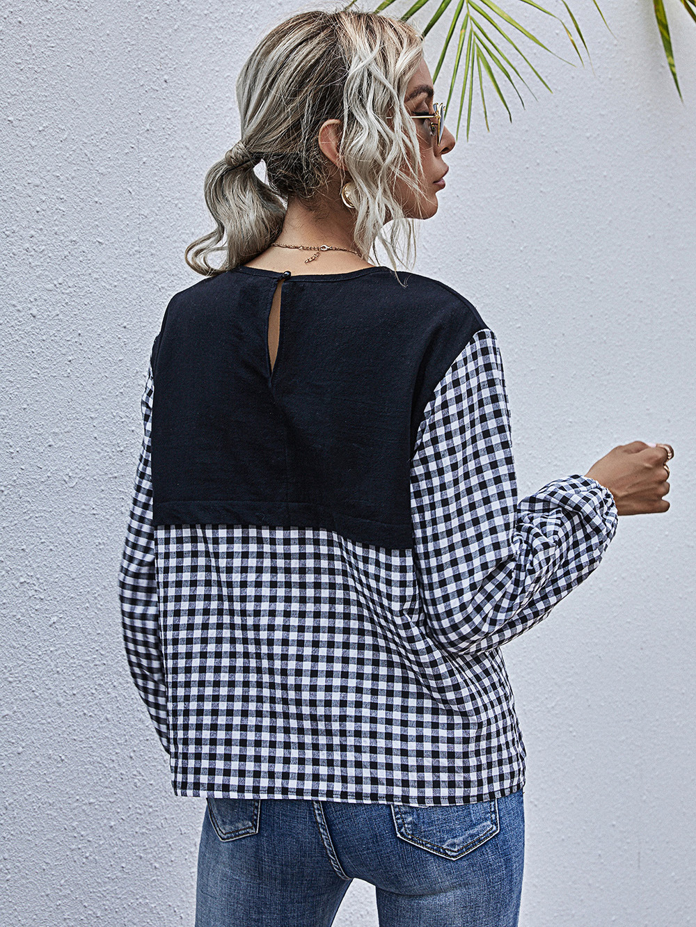 Plaid stitching solid color ladies round neck loose long-sleeved casual pullover NSDF2823