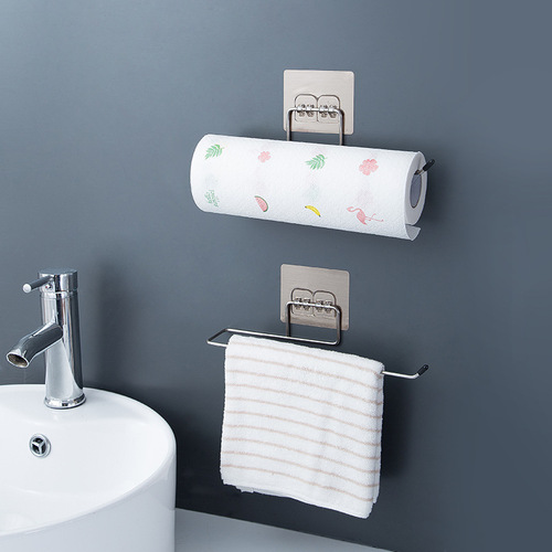Bathroom storage towel rack bathroom kitchen stainless steel punch-free rag cling film wall hanging toilet rack