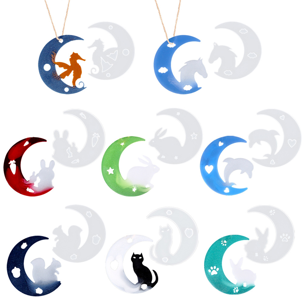 DIY水晶滴胶月亮模具小鹿猫咪月亮硅胶镜面模 兔子海豚吊坠硅胶模