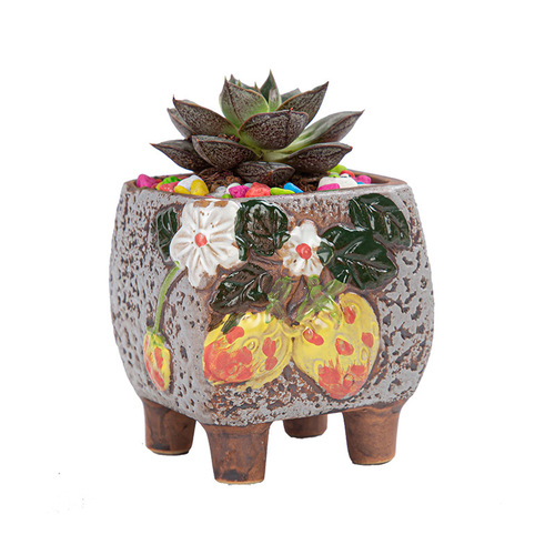 Featured square creative cute cartoon ceramic succulent plant pot with feet square succulent ceramic flower pot hand-painted pot