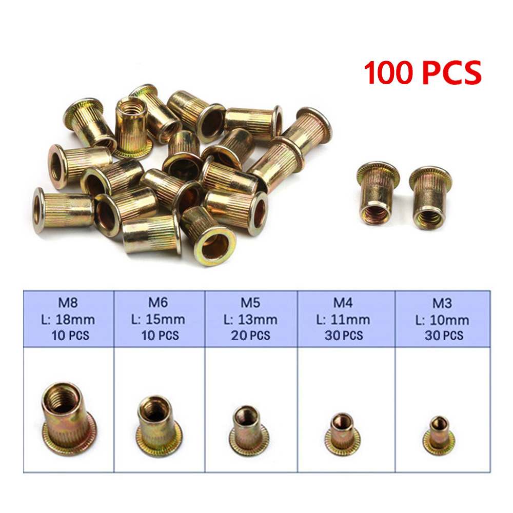 En caja de 100 piezas de color plateado tuerca de remache de zinc M3/M4/M5/M6/M8 cabeza plana tuerca de grano vertical