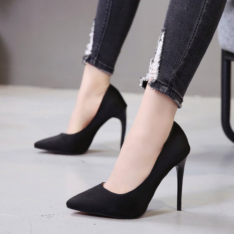 Black Suede High Heels Pointed Stiletto Career Interview Women Single Shoes Nightclub Lady shoes