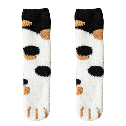Socks for women, coral velvet mid-calf socks, cat claw warm wool autumn and winter thickened plus velvet sleeping floor socks, long tube confinement socks