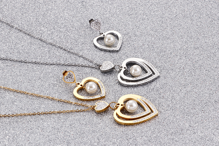 Foreign Trade Supply Korean Accessories Fashion Simple Women Heart Pearl Earrings Necklace Two-Piece