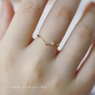 S925 Sterling Silver Plated 14K Gold Ring with Zirconium Diamond Extremely Fine V-shaped Single Diamond Japanese Style Temperament All-match Ring for Women