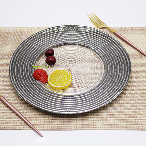 Golden dark green straw hat pattern glass plate for home hotel glass dinner plate Western style steak pasta plate
