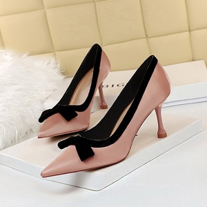 Fashion and sweet high heels women’s shoes high heels shallow mouth pointed Satin color matching bow single shoes