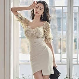 新款韩版V领修身蕾丝拼接收腰包臀五分袖拼接露背不规则连衣裙