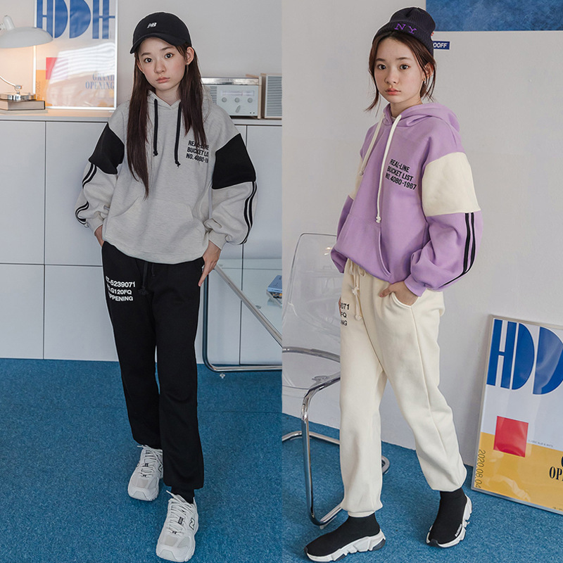 2020女童两件套字母加绒冬季中大童连帽裤套装套头衫韩版长袖卫衣|ru