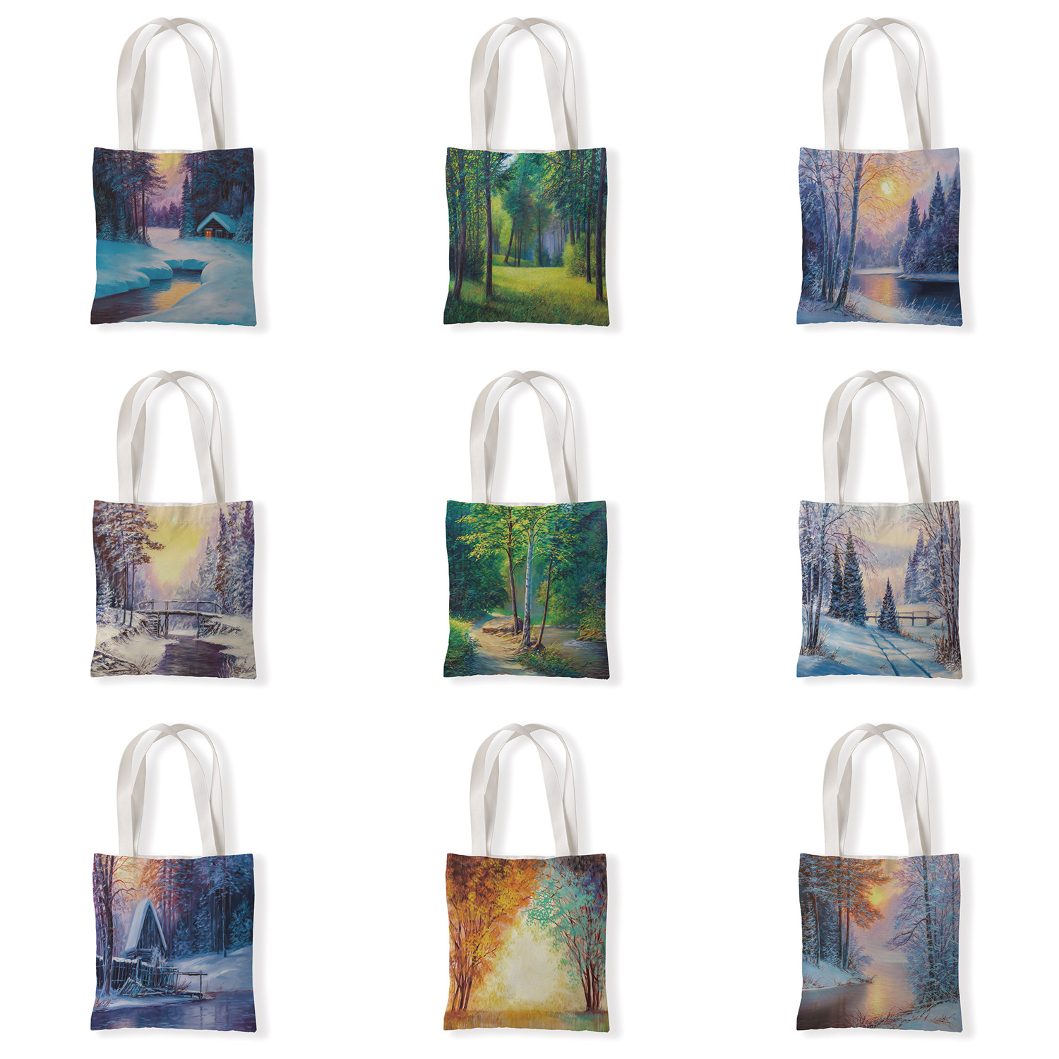 创意风景油画帆布单肩袋百搭包学生手拎包休闲零钱袋环保购物袋