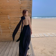 黑色性感顯瘦露背連衣裙2020新款女海邊度假沙灘裙波西米亞長裙仙
