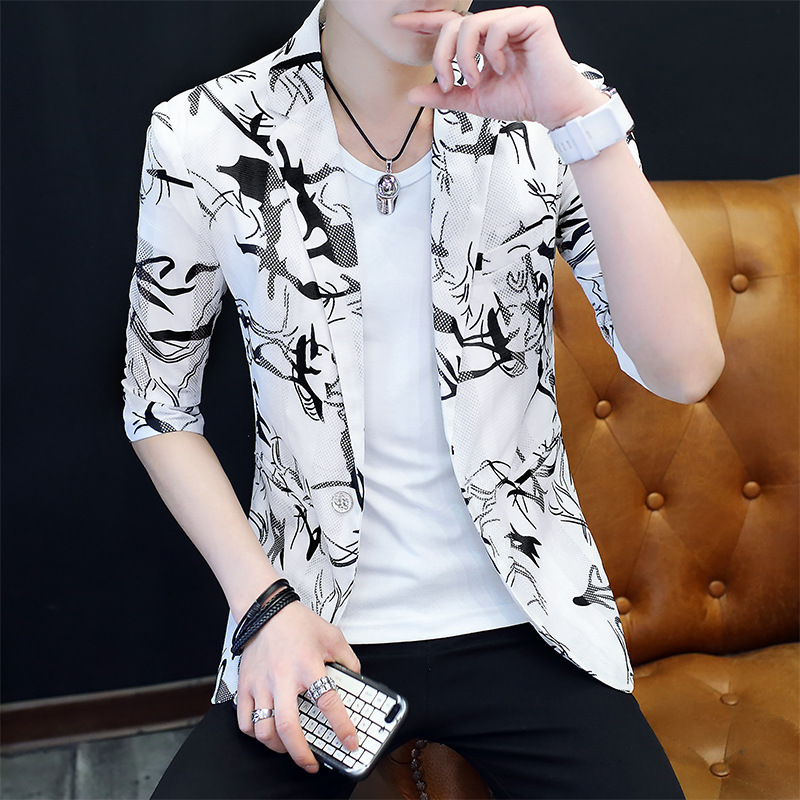 Men's Coat Spring Thin Short-Sleeved Casual Trendy Personalized Printed Hollow Korean Style Slim Breathable Sun Protection Suit Men's Coat Spring Thin Short-Sleeved Casual Trendy Personalized Printed Hollow Korean Style Slim Breathable Sun Protection Suit