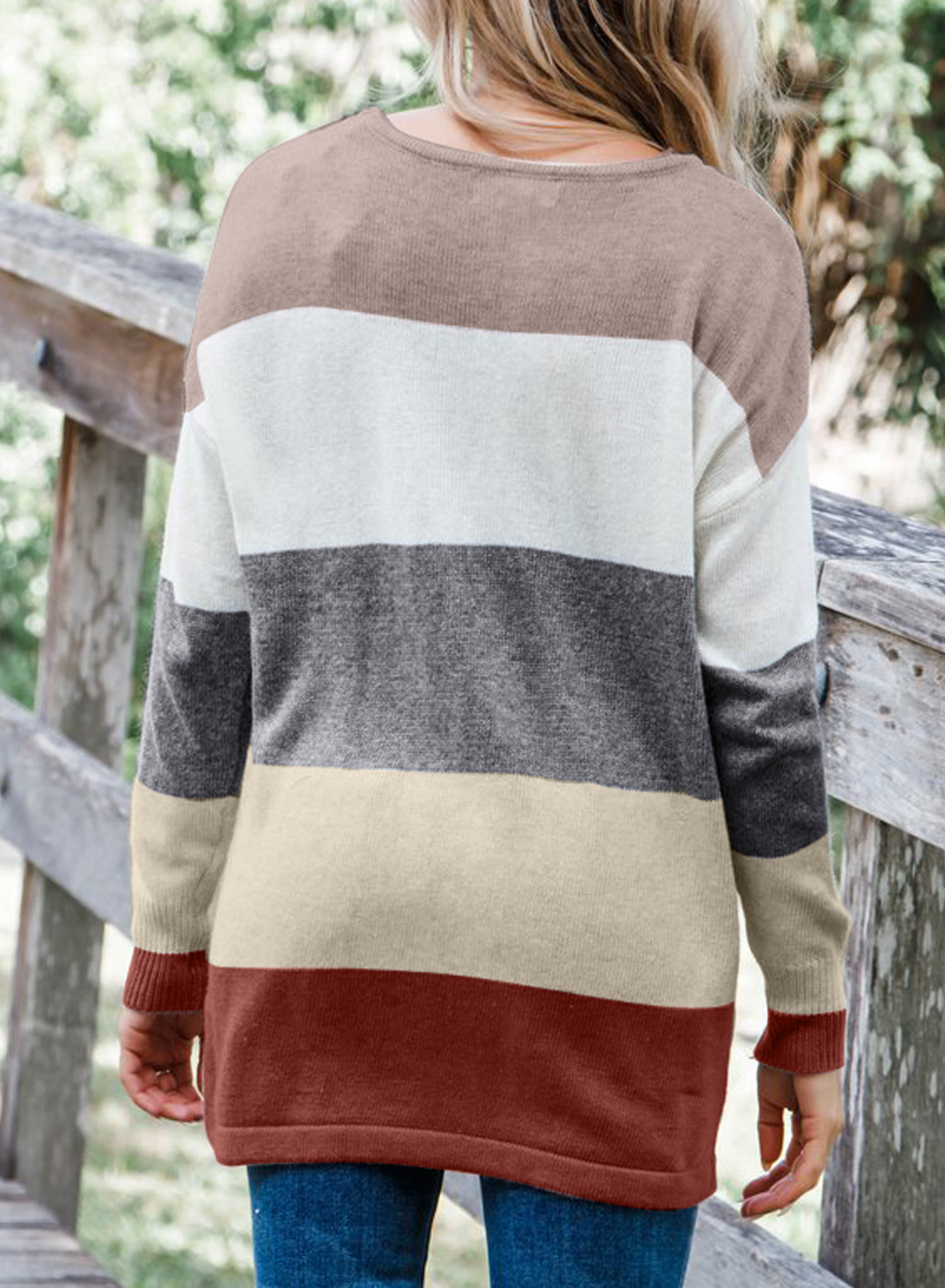 striped contrast color pocket round neck pullover sweater NSSI10976