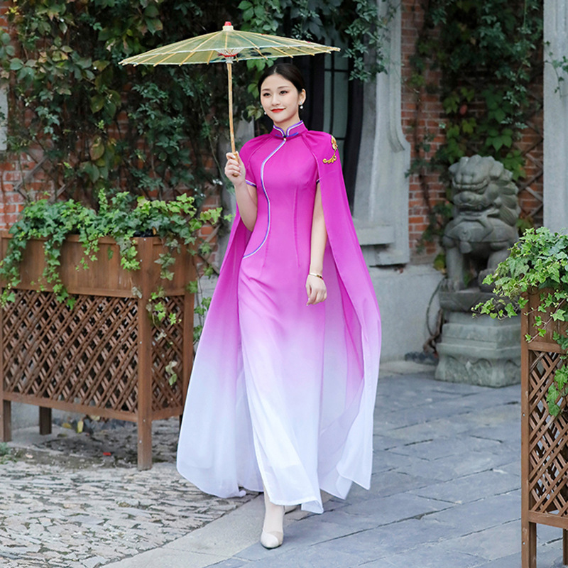 Chinese Dress Qipao for women Catwalk cheongsam long shawl stage costume large size retro Chinese cheongsam